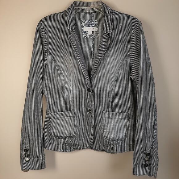 Kenar Womens Blazer Sz M Preppy Parisian Chic Coastal Grandmother Striped Floral - Picture 1 of 9